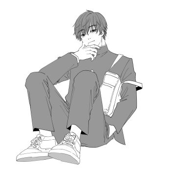 1boy bag chainsaw_man commentary dakuonpu ear_piercing earrings full_body gakuran hand_in_pocket hand_on_own_chin hashtag-only_commentary highres jewelry light_smile male_focus mole mole_under_mouth multiple_earrings piercing school_bag school_uniform shoes sitting sneakers solo yoshida_hirofumi