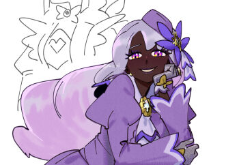 2girls commentary dark_skin dress english_commentary gloves grey_gloves hat head_rest jacinthe_(pokemon) lebanne_(pokemon) long_hair multiple_girls nintendo pink_hair pokemon pokemon_legends:_z-a purple_dress purple_eyes purple_hat raliciel signature smile tilted_headwear very_dark_skin very_long_hair