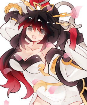 Rule 34 | 1girl, black hair, boots, breasts, cleavage, commentary, dress, grey eyes, highres, holding, holding sword, holding weapon, large breasts, long hair, multicolored hair, nanbu kaguya, petals, pink petals, ponytail, red hair, smile, solo, super robot wars, super robot wars og saga mugen no frontier, super robot wars og saga mugen no frontier exceed, sword, thigh boots, two-tone hair, typhoonkrosa, weapon, white dress