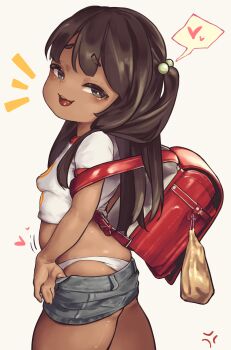 1girl absurdres anger_vein backpack bag belly breasts brown_eyes brown_hair candy chupa_chups clothes_pull commentary cowboy_shot dark-skinned_female dark_skin driftingtiger english_commentary female_focus food grey_skirt hair_bobbles hair_ornament heart highres loli lollipop long_hair looking_at_viewer mesugaki miniskirt mixed-language_commentary naughty_face notice_lines original panties panty_peek plump pulling_own_clothes randoseru red_bag shirt short_sleeves simple_background skirt skirt_pull small_breasts smile solo speech_bubble spoken_heart thighs two_side_up underwear white_background white_panties white_shirt