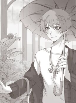 1boy alternate_costume arm_at_side blunt_ends cardigan casual closed_mouth commentary contemporary dlgodls0731 eyelashes eyeliner eyeshadow feathers fingernails genshin_impact hand_up highres holding holding_umbrella leaf long_sleeves looking_at_object looking_to_the_side makeup male_focus off_shoulder open_cardigan open_clothes outdoors plant pom_pom_(clothes) rain scaramouche_(genshin_impact) sepia shirt single_off_shoulder smile snail solo string symbol-only_commentary tree umbrella undershirt upper_body water_drop wispy_bangs