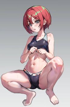 1girl amate_yuzuriha armpits barefoot black_panties black_sports_bra breasts commentary_request full_body gradient_background green_eyes grey_background gundam gundam_gquuuuuux highres huo_ji_wu looking_at_viewer medium_breasts navel open_mouth panties red_hair short_hair simple_background solo sports_bra squatting underwear underwear_only