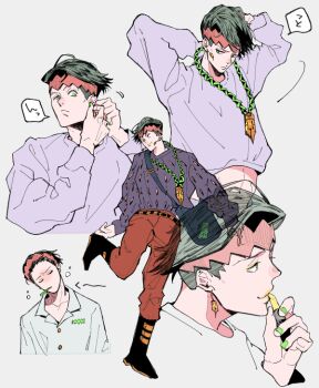 1boy belt black_boots boots closed_eyes collarbone collared_shirt commentary_request cosmetics crew_neck cropped_shoulders cropped_torso diamond_wa_kudakenai earrings green_eyes green_hair green_nails head_tilt headband holding holding_lipstick_tube jewelry jojo_no_kimyou_na_bouken kishibe_rohan lipstick lipstick_tube long_sleeves looking_to_the_side makeup male_focus midriff_peek multiple_views nail_polish necklace open_collar pajamas pants piercing print_shirt red_pants shirt shirt_tucked_in short_hair sideways_glance simple_background solo speech_bubble squeans yu_yy