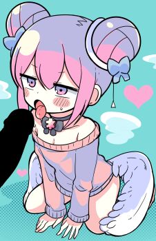 1boy 1girl angel angel_wings aqua_background bare_shoulders black_choker blush_stickers bow bow_choker breasts breath choker cleavage collarbone dadadada_tenshi_(nanawo_akari) datenshi-chan_(nanawo_akari) double_bun hair_bow hair_bun halftone hands_on_floor heart hetero highres indie_utaite jitome loli nanawo_akari official_style open_mouth penis pink_eyes pink_hair pink_sweater pull_cord purple_bow sexualized_chibi simple_background sitting small_breasts small_sweatdrop sweater taitanic6242 terada_tera_(style) tongue tongue_out wariza wings