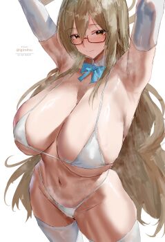 1girl absurdres akane_(blue_archive) alternate_breast_size_(larger) armpits arms_up artist_name bare_shoulders bikini blue_archive blue_bow blush bow breasts brown_eyes brown_hair brown_halo cleavage closed_mouth cowboy_shot detached_collar elbow_gloves glasses gloves groin hair_between_eyes halo highres hip_bones huge_breasts igiroitsu long_hair long_sidelocks looking_at_viewer mole mole_on_breast navel presenting_armpit red-framed_eyewear shiny_skin sidelocks sideways_glance simple_background smile solo steaming_body string_bikini swimsuit thighhighs twitter_username very_long_hair white_background white_bikini white_gloves white_thighhighs