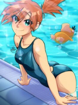 1girl arched_back arm_support ass backless_swimsuit bare_arms blue_one-piece_swimsuit blush breasts closed_mouth collarbone competition_swimsuit eyelashes eyes_visible_through_hair gen_1_pokemon green_eyes gym_leader hair_between_eyes hair_tie leaning_forward looking_at_viewer medium_breasts misty_(pokemon) nintendo one-piece_swimsuit orange_hair partially_submerged pokemon pokemon_(anime) pokemon_(classic_anime) pokemon_(creature) pokemon_rgby ponytail pool poolside psyduck ruy_draws short_hair short_ponytail side_ponytail small_breasts smile solo swimming swimsuit water