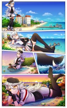 1girl 6+others absurdres arm_behind_head beach beach_chair beach_house beach_umbrella black_gloves black_headwear black_shirt black_thighhighs blue_ribbon boat boots building closed_eyes closed_mouth cloud comic commentary_request commission crushing day destruction dock elbow_rest feet fingerless_gloves foliage forest full_body gazebo gepard_m1_(girls'_frontline) giant giantess girls'_frontline gloves grey_hair hair_between_eyes hair_ornament hairclip hand_on_own_face hand_on_own_stomach hat highres hotel jacket kayak legs long_hair lying messy_hair multiple_others nature neck_ribbon ocean on_back on_stomach one_eye_closed outdoors palm_tree partially_submerged path relaxing ribbon road sailboat shading_eyes shirt sho-tan sidelocks smile soles sunset table the_pose thighhighs tree umbrella unworn_boots very_long_hair water watercraft white_boots white_jacket yellow_eyes