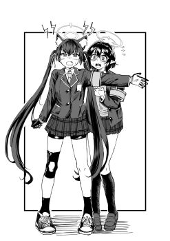 2girls animal_ear_fluff animal_ears armband ayane_(blue_archive) behind_another blazer blue_archive cat_ears fang flying_sweatdrops glasses gloves greyscale hair_ribbon halo highres jacket kneehighs long_hair long_sleeves looking_at_viewer monochrome multiple_girls open_clothes open_jacket open_mouth outstretched_arm pointy_ears ribbon serika_(blue_archive) shoes skirt sneakers socks standing twintails very_long_hair yuki_wosora