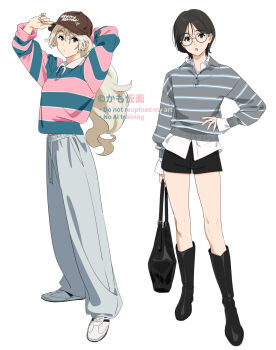 2girls baseball_cap black_eyes black_hair blonde_hair brown_eyes ear_piercing glasses hands_on_own_hips hat highres k_(kamo_kamen) kamo_kamen long_hair m_(kamo_kamen) multiple_girls original pants piercing polo_shirt shirt short_hair shorts simple_background striped_clothes striped_shirt sweatpants white_background
