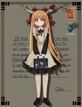Rule 34 | 1girl, apron, ascot, badge, bag, black dress, blonde hair, brown horns, button badge, closed mouth, dress, full body, hammer and sickle, highres, horn ornament, horn ribbon, horns, ibuki suika, long hair, long sleeves, looking to the side, pantyhose, pointy ears, postage stamp, red ascot, ribbon, romanian flag, romanian text, school bag, school uniform, soviet school uniform, touhou, very long hair, white apron, white pantyhose, yumeyume (dnjm7358)