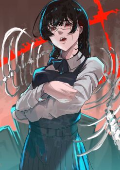 1girl black_dress black_hair bone chainsaw_man crossed_arms dress facial_scar fourth_east_high_school_uniform highres kemurigi_ill open_mouth pinafore_dress red_eyes scar scar_on_cheek scar_on_face school_uniform sleeveless sleeveless_dress solo yoru_(chainsaw_man)