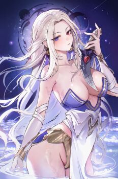 aiona_(silver_and_blood) arched_back arm_guards armor bare_shoulders bikini_armor breasts center_opening covered_navel dagger dagger_earrings earrings gradient_hair groin heterochromia highres holding holding_dagger holding_knife holding_weapon jewelry knife long_hair looking_at_viewer multicolored_hair pelvic_curtain purple_eyes red_eyes shiny_skin sideboob silver_and_blood star_(sky) water weapon white_hair wrist_guards zije