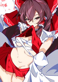 absurdres ascot bow breasts brown_eyes brown_hair chest_sarashi clothes_lift detached_sleeves frilled_bow frilled_hair_tubes frills hair_bow hair_tubes hakurei_reimu highres large_breasts long_hair midriff miniskirt navel red_bow ribbon-trimmed_sleeves ribbon_trim sarashi shirt_lift skirt skirt_set touhou unanooo_(fthx7532) yellow_ascot