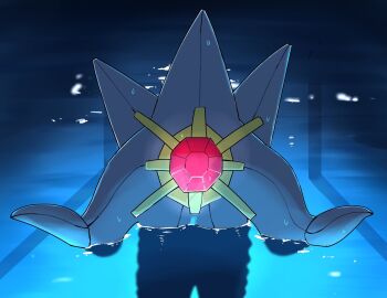 chainsaw_man colored_skin creature gem gen_1_pokemon highres i&#039;ll_teach_you_everything_(chainsaw_man) mega_starmie meme nintendo no_humans outstretched_arms parody partially_submerged pokemon pokemon_(creature) purple_skin red_gemstone solo soul_tamashi777 spread_arms starfish starmie water