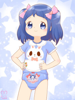 1girl absurdres animal_print blue_background blue_eyes blue_hair blue_panties blue_shirt blue_theme blush bow bow_panties carrot_print character_print clothes_writing crotch_seam flat_chest food_print hair_bow hair_ornament hands_on_own_hips heart heart_hair_ornament heart_print highres jojifuku loli long_hair looking_at_viewer original panties pink_bow print_panties print_shirt rabbit_print red_bow shirt short_sleeves smile standing star_(symbol) star_symbol_background twintails underwear urameido