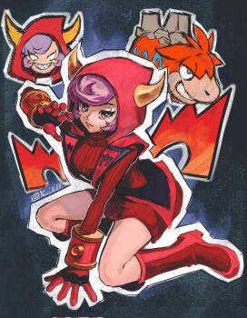 1girl boots breasts camerupt character_request dress full_body gen_3_pokemon hood hood_up hooded_vest hoodie kornart large_breasts nintendo pokemon pokemon_oras purple_eyes purple_hair red_boots red_hood red_sweater red_vest solo_focus sweater sweater_dress twitter_username vest