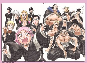 Rule 34 | 6+boys, 6+girls, akon, black hair, bleach, blonde hair, blood, blue eyes, braid, braided ponytail, breasts, brown eyes, chain, chain necklace, choker, cigarette, closed mouth, collarbone, crossed arms, glasses, grey hair, haori, hisagi shuuhei, horns, iba tetsuzaemon, iemura yasochika, ise nanao, japanese clothes, jewelry, kira izuru, kotetsu isane, kotetsu kiyone, kubo tite, kurotsuchi nemu, kusajishi yachiru, large breasts, long hair, looking at viewer, matsumoto rangiku, medium hair, mole, mole under mouth, multiple boys, multiple girls, necklace, official art, ogido harunobu, oomaeda marechiyo, open mouth, peace symbol, pink hair, pink shawl, puffy sleeves, shawl, shihakusho, short hair, sidelocks, simple background, small breasts, smile, smoking, spiked hair, standing, sui-feng, sunglasses, ukitake juushirou, white background, white hair