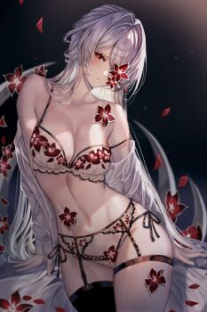 1girl acheron_(honkai:_star_rail) bare_shoulders bra breasts chiachun0621 cleavage closed_mouth collarbone commentary flower garter_belt hair_intakes highres honkai:_star_rail honkai_(series) long_hair medium_breasts off_shoulder official_alternate_color panties pants red_eyes red_flower red_pants shirt solo stomach strap_slip thighs underwear white_bra white_garter_belt white_panties white_shirt