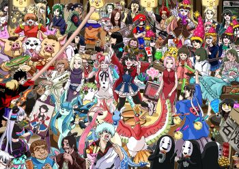 6+boys 6+girls absurdres animal_ears annotation_request aqua_hair bird black_bow black_hair blonde_hair blue_eyes blush bow bowl brown_hair character_request chicken_(food) chinese_clothes cigarette commentary_request copyright_request crossover crying cymbals double_bun drink easel facial_hair final_fantasy flower food fried_chicken gen_1_pokemon gen_2_pokemon gen_4_pokemon gintama glasses gloves goatee green_eyes green_hair guitar hair_bun hair_over_one_eye hairband hat hat_bow headband highres ho-oh holding holding_cigarette holding_microphone holding_paint_palette holding_paintbrush holding_spoon instrument japanese_clothes kfc kosaka_honoka legendary_pokemon love_live! lucario maid_headdress marimba mario mario_(series) microphone monkey_d._luffy multicolored_hair multiple_boys multiple_crossover multiple_girls mustache mythical_pokemon nintendo one_eye_closed one_piece open_mouth orange_hair overalls paint_palette paintbrush pig_boy pig_girl pikachu pink_hair pokemon pokemon_(creature) purple_bow red_eyes red_hair saliva school_uniform sen_to_chihiro_no_kamikakushi shaymin skirt smile spoon spy_x_family sunglasses sushi tongue tongue_out tsuchiyamashige turtle two-tone_hair uzumaki_naruto white_gloves white_hair yazawa_nico yellow_eyes yor_briar