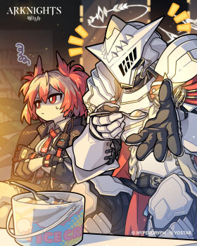 1boy 1girl absurdres arknights armor black_gloves black_jacket breastplate commentary copyright_name crossed_arms english_commentary fiammetta_(arknights) food full_armor gauntlets gloves halo helm helmet highres holding holding_spoon ice_cream jacket morini_ochiteru notice_lines red_eyes red_hair sankta_miksaparato_(arknights) second-party_source spoon squiggle sweatdrop