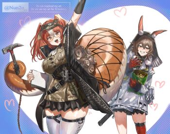 2girls animal_ears arknights bag_of_chips breasts brown_eyes brown_hair caper_(arknights) glasses grin heart highres holding holding_notepad hood large_breasts multiple_girls notepad nun2o pleated_skirt pointy_ears rabbit_ears skirt smile snake_tail tail thighhighs visor_cap white_thighhighs wulfenite_(arknights)