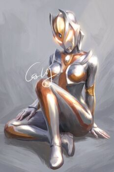 Rule 34 | 1girl, alien, arm support, armor, breasts, camearra, castlings, chinese commentary, color timer, colored skin, commentary, crystal, facial mark, forehead jewel, full body, giant, giantess, glowing, glowing eyes, gold skin, gradient background, grey background, hand on own thigh, horns, knee up, looking down, medium breasts, multicolored skin, no pupils, painterly, shoulder armor, signature, silver skin, sitting, solo, tokusatsu, tsurime, two-tone skin, ultra series, ultraman tiga: the final odyssey, ultraman tiga (series), yellow eyes