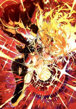 1girl absurdres attack breasts broken_eyewear cleavage clenched_teeth fiery_hair fire genshin_impact glowing glowing_eyes highres incoming_attack incoming_punch jewelry long_hair mavuika_(genshin_impact) multicolored_hair orange_hair punching pyrokinesis red_background red_hair serious solani sunglasses teeth tinted_eyewear