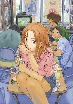 Rule 34 | 1girl, 3boys, absurdly detailed composition, akiyama tokino, akiyama tokino (kujibiki unbalance ova), blouse, blue shirt, bookshelf, brown hair, clubroom, cover, cover page, fang, fighting game, figure, from behind, genshiken, green shirt, highres, kasukabe saki, kio shimoku, kugayama mitsunori, legs together, loaded interior, looking at viewer, madarame harunobu, manga cover, miniskirt, multiple boys, official art, open mouth, orange hair, otaku room, pink shirt, playing games, playing video games, poster (object), pov, red nails, ritsuko kubel kettenkrad, sasahara kanji, shelf, shirt, sitting, sitting on table, skirt, smile, sweatdrop, tachibana izumi (kujibiki unbalance), television, white shirt, window
