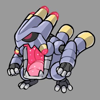 absurdres adoptable black_sclera colored_sclera commentary english_commentary exploud fakemon full_body gen_3_pokemon grey_background highres nintendo no_humans original pixel_eyes pokemon pokemon_(creature) pokemon_focus red_eyes rgreywind robot simple_background solo standing