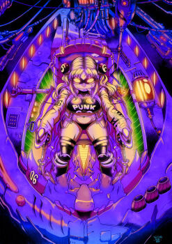 1girl blonde_hair breasts cable controller female_focus freckles glasses glasses_on_head gym_uniform highres large_breasts light long_hair looking_at_viewer machinery mecha midriff navel one_piece robot sitting solo thick_thighs thighs thong tongue tongue_out twintails vegapunk_york vehicle_interior very_long_hair wide_hips