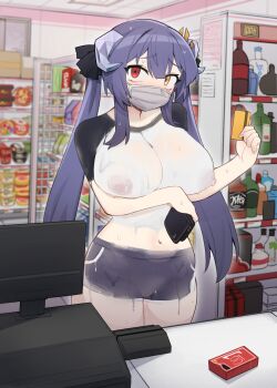 1girl absurdres arm_under_breasts blurry blurry_background bodypaint breasts buying_condoms card cash_register cleft_of_venus condom_box convenience_store counter covered_mouth cowboy_shot exhibitionism groin hair_ornament hand_up heterochromia highres holding holding_card holding_wallet horns large_breasts long_hair looking_at_viewer mask mouth_mask naked_paint navel nipples nude nyong_nyong original paid_reward_available painted_clothes public_indecency public_nudity purple_hair pussy raised_inner_eyebrows red_eyes shop solo standing stomach surgical_mask sweat tearing_up twintails variant_set very_long_hair wallet yellow_eyes