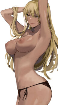 1girl armpits arms_behind_head artist_request ass bikini bikini_bottom_only black_bikini blonde_hair breasts butt_crack dark-skinned_female dark_skin female_focus fire_emblem fire_emblem:_the_binding_blade from_side highres igrene_(fire_emblem) j@ck large_breasts legs matching_hair/eyes navel nintendo nipples side-tie_bikini_bottom smile solo standing swimsuit thighs topless_female yellow_eyes
