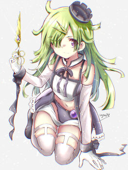 1girl absurdres aki_mabayu arm_support bikini bikini_bottom_only black_bikini black_hat black_skirt black_wrist_cuffs collarbone commentary crop_top elbow_gloves full_body gloves green_hair hair_over_one_eye hat highres kneeling long_hair looking_at_viewer magia_record:_mahou_shoujo_madoka_magica_gaiden magical_girl mahou_shoujo_madoka_magica midriff navel purple_eyes showgirl_skirt skirt solo swimsuit thighhighs uya_04 white_gloves white_thighhighs wrist_cuffs