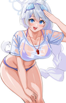 Rule 34 | absurdres, bent over, bikini, bikini under clothes, bikini visible through clothes, blue archive, blue eyes, blue halo, braid, breasts, commentary request, eyewear on head, goggles, goggles on head, halo, hanging breasts, highres, kirino (blue archive), kirino (swimsuit) (blue archive), purple bikini, salute, see-through clothes, see-through shirt, shirt, simple background, single braid, slug 1356, swim goggles, swimsuit, swimsuit under clothes, wet, wet clothes, wet shirt, whistle, whistle around neck, white background, white hair