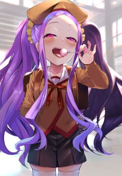 1girl arm_behind_back backpack bag beret black_skirt brown_hat brown_jacket candy collarbone commentary_request day fate/grand_order fate_(series) female_focus food forehead hair_ornament hair_scrunchie hand_up hat holding holding_candy holding_food holding_lollipop jacket licking lollipop long_hair long_sleeves looking_at_viewer open_mouth p_answer parted_bangs pleated_skirt purple_eyes purple_hair school_bag school_uniform scrunchie skirt solo standing thighhighs tongue tongue_out twintails very_long_hair white_thighhighs wu_zetian_(fate) yellow_scrunchie