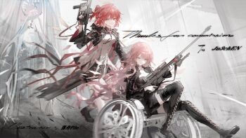 2girls absurdres arknights black_boots boots exusiai_(arknights) exusiai_the_new_covenant_(arknights) gun highres holding holding_gun holding_weapon kriss_vector lemuen_(arknights) long_hair looking_at_viewer luozhou_pile multiple_girls pink_eyes pink_hair red_hair rifle side_ponytail sniper_rifle submachine_gun thigh_boots thighs weapon wheelchair yellow_eyes