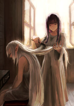 2girls blunt_bangs brushing_another&#039;s_hair brushing_hair cchan_tuka closed_eyes closed_mouth commentary dress elf english_commentary expressionless fern_(sousou_no_frieren) frieren grey_dress grey_hair highres indoors long_hair long_sleeves morning multiple_girls nightgown open_window pointy_ears purple_hair sitting sleeveless sleeveless_dress slice_of_life sousou_no_frieren standing straight_hair very_long_hair window