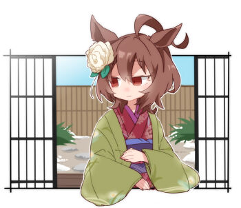 1girl agnes_tachyon_(umamusume) ahoge beer_hsk blue_sky brown_hair closed_mouth commentary_request day floral_print flower hair_between_eyes hair_flower hair_ornament japanese_clothes kimono long_sleeves looking_to_the_side obi open_clothes print_kimono red_eyes red_kimono sash sky smile solo umamusume white_flower wide_sleeves