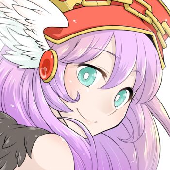 Rule 34 | 1girl, blue eyes, bright pupils, chain, closed mouth, commentary request, feathered wings, hat, head wings, long hair, looking at viewer, lowres, oekakipikki, portrait, purple hair, ragnarok online, red hat, simple background, smile, solo, sorcerer (ragnarok online), white background, white pupils, wings
