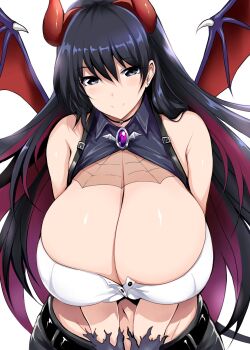 1girl arato_nagi bare_shoulders black_eyes black_hair breasts cleavage colored_inner_hair demon_girl demon_horns demon_wings female_focus horns huge_breasts jewelry looking_at_viewer matching_hair/eyes multicolored_hair navel ruri_no_houseki shiny_clothes smile solo standing tsukasawa_takamatsu white_background wings
