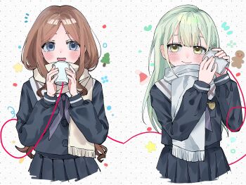 2girls absurdres artist_request bang_dream! bang_dream!_it's_mygo!!!!! black_serafuku black_shirt black_skirt blush brown_hair brown_scarf chinese_commentary christmas_tree closed_mouth collared_shirt commentary_request commission cowboy_shot cup enpera gingerbread_cookie green_hair hair_ornament hairclip hands_up hat highres holding holding_cup long_hair long_sleeves looking_at_another multiple_girls nagasaki_soyo open_mouth pleated_skirt sailor_collar santa_hat scarf school_uniform second-party_source serafuku shirt sidelocks skirt smile star_(symbol) string_phone tsukinomori_school_uniform wakaba_mutsumi white_scarf yellow_eyes