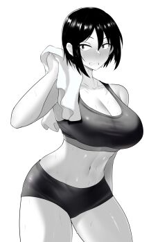 1girl absurdres altronage bare_shoulders bilingual_commentary black_hair black_sports_bra breasts cleavage cloud cloudy_sky collarbone commentary commission cowboy_shot day drying grey_eyes greyscale hair_between_eyes highres hitomi-chan_wa_hitomishiri holding holding_towel large_breasts looking_at_viewer mixed-language_commentary monochrome navel no_shirt sharp_teeth short_hair shorts sky solo sports_bra standing sweat takano_hitomi teeth towel towel_around_neck