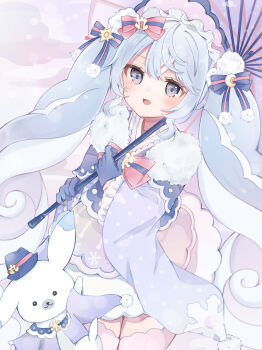 Rule 34 | 1girl, absurdres, animal, aqua hair, blue bonnet, blue eyes, blue gloves, bonnet, bow, commentary request, curly hair, dress, fur-trimmed sleeves, fur trim, gloves, gradient legwear, hair between eyes, hair bow, hair ornament, half gloves, hand up, hatsune miku, highres, holding, holding umbrella, japanese clothes, kimono, layered dress, llatteowo, long hair, looking at viewer, multicolored hair, official alternate costume, official alternate hairstyle, oil-paper umbrella, open mouth, pink bow, pink hair, pink thighhighs, pom pom (clothes), pom pom hair ornament, rabbit, rabbit yukine, short dress, short kimono, snowflake ornament, snowflake print, streaked hair, thighhighs, twintails, two-tone hair, umbrella, very long hair, vocaloid, white background, wide sleeves, yuki miku, yuki miku (2023), zettai ryouiki
