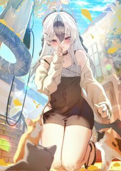 1girl bag bare_legs bare_shoulders black_choker black_dress black_hair black_horns blue_archive blue_sky blush breasts bubble_tea building cat choker collarbone commentary_request cup demon_horns diamond_necklace dress ear_piercing from_below full_body grey_hair grey_halo grey_jacket hair_between_eyes halo hand_on_own_face high_heels highres horns jacket jinbei_(user_tpny4757) kayoko_(blue_archive) kayoko_(dress)_(blue_archive) kneeling leaf long_hair looking_at_object looking_down mole mole_on_collarbone mole_on_neck multicolored_hair on_ground open_mouth outdoors piercing pink_eyes purple_wings red_eyes shopping_bag shoulder_bag sky solo studded_choker sunlight suspenders_pull tree unworn_bag white_hair wings