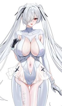1girl absurdres arm_at_side armpit_crease armpit_cutout blush bodysuit breasts cinderella_(nikke) clothing_cutout cowboy_shot facing_viewer gloves gluteal_fold goddess_of_victory:_nikke hair_over_one_eye hand_up highres large_breasts long_hair looking_to_the_side navel_cutout red_eyes see-through_bodysuit see-through_clothes see-through_skirt sidelocks skirt solo stomach_cutout thigh_gap tongue tongue_out twintails very_long_hair white_background white_bodysuit white_hair zhudouzi