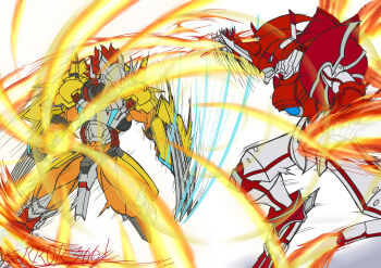 Rule 34 | claw pose, claws, digimon, digimon (creature), dinosaur, dinosaur tail, errork03, fighting, fire, flame-tipped tail, flaming sword, flaming weapon, highres, holding, holding weapon, shinegreymon, shinegreymon burst mode, signature, sword, tail, wargreymon x-antibody, weapon, white background