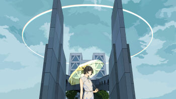 Rule 34 | 1girl, black hair, building, cloud, cloudy sky, dress, highres, holding, holding umbrella, original, outdoors, short hair, sky, solo, standing, tanaka hirotaka, transparent, transparent umbrella, tree, umbrella, upper body, white dress, wide shot