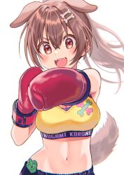 Rule 34 | 1girl, :3, :d, @-you (you 2023 8 16), alternate costume, alternate hairstyle, animal ears, bone hair ornament, boxing gloves, breasts, brown eyes, brown hair, cartoon bone, character name, commentary, dog ears, dog girl, dog tail, double-parted bangs, extra ears, fangs, gloves, hair between eyes, hair ornament, hairclip, highres, hololive, inugami korone, large breasts, long hair, looking at viewer, midriff, navel, open mouth, ponytail, punching, red gloves, simple background, smile, solo, sports bra, straight-on, tail, teeth, upper body, upper teeth only, v-shaped eyebrows, virtual youtuber, white background, yellow sports bra