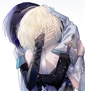 1boy 1girl arm_cutout armor bare_shoulders black_bridal_gauntlets black_corset blonde_hair blue_flower blue_sleeves blunt_ends bridal_gauntlets clothing_cutout corset couple cross-laced_clothes cross-laced_corset detached_sleeves dress fingernails flower furisode genshin_impact hair_flower hair_ornament hand_in_another's_hair hand_up head_down hetero hhlxxm highres hug japanese_armor japanese_clothes kimono kote kurokote layered_sleeves lumine_(genshin_impact) median_furrow middle_ring multicolored_flower purple_hair purple_rope rope scaramouche_(genshin_impact) scarf short_hair short_sleeves shoulder_blades vambraces wanderer_(genshin_impact) watermark white_background white_dress white_flower white_kimono white_scarf white_sleeves