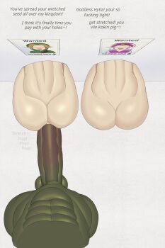 1girl 2boys anal bisexual_male colored_skin completely_nude english_text erection ganondorf green_skin huge_penis huge_testicles jaydennsfw link multiple_boys muscular muscular_male nintendo nude penis princess_zelda rape sex sex_from_behind simple_background stuck testicles the_legend_of_zelda through_wall white_background yaoi